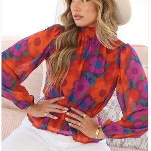 Peach Love California Abstract Flower Print Peplum Top